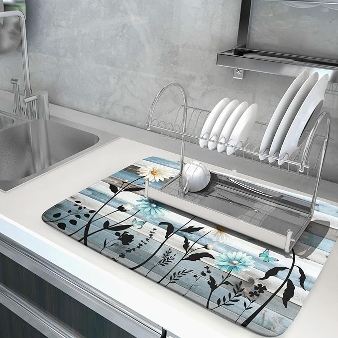 Blue White Daisy Floral Dish Drying Mat for Kitchen Counter,Sprinng Rustic Wood Drying Mat 18 x 24 Inch with Absorbent Reversible Microfiber Drying Pad for Coffee Bar