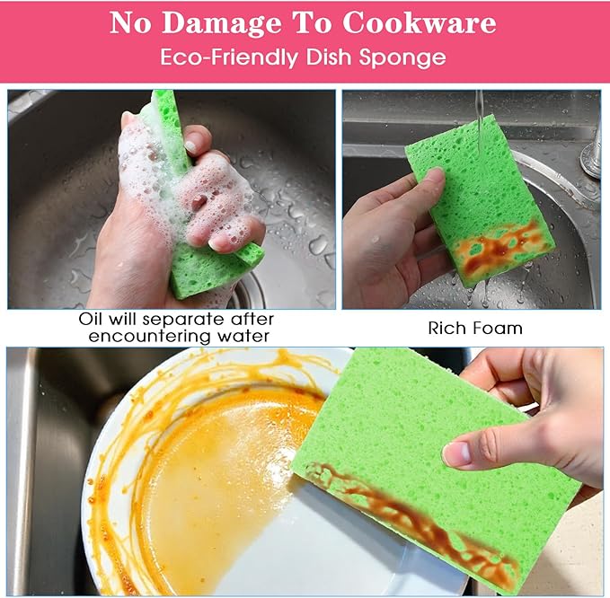 Sibba 16Pcs Cellulose Kitchen Sponges, 6 Color Compressed Cleaning Sponges, Natural Wood Pulp Non-Scratch Dish Sponge for Household Kitchen Bathroom, Dishwasher Safe, Durable & Reusable
