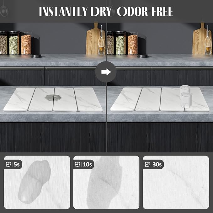 Large Stone Dish Drying Mats for Kitchen Counter, 24"(L)×16"(W) Collapsible Quick Dry Dish Drying Mat, Eco-Friendly Absorbent Diatomaceous Earth Mat for Dishes Bottles Cup【Marble pattern】