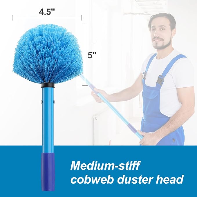 Dusters for Cleaning,Duster, Cobweb Duster with Extension Pole, Medium Stiff Bristles Cobweb Duster Head Ceiling Fan Duster Webster Cobweb Duster for Outdoor Indoor Cleaning (Blue, 8 FT)
