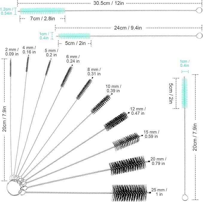 Reusable Straw Cleaning Brushes Bottle Test Tube Long Straw Cleaning Brush Nylon Washing Tool Reusable Bottle Brush in Different Size (Sky Blue-Black,16 Pieces)