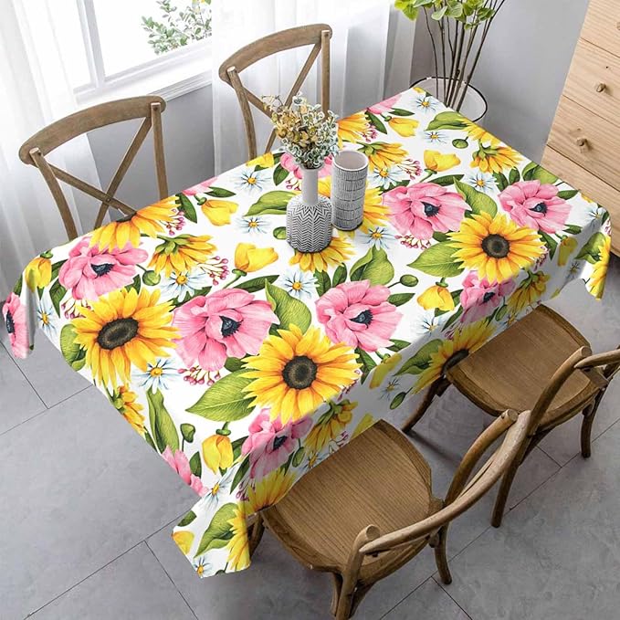 Sunflowers Yellow Table Cloth 52x70 Yellow Pink Sunflower Poppies with Leaves Tablecloth Rectangle Table for Dining Kitchen Banquet Party Decorative Outdoor Picnic