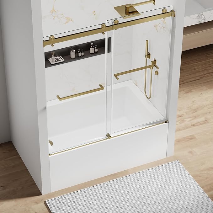 56-60" W x 60" H Double Sliding Bathtub Shower Door, 5/16" (8mm) Tempered Glass Frameless Shower Glass Door, Double Nano Coating, Pull Towel Rack (Brushed Gold)