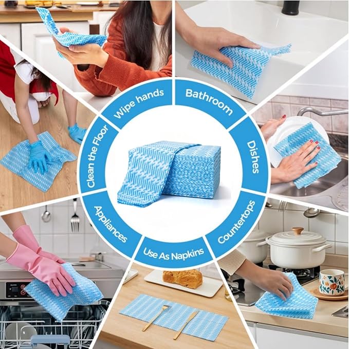 SUZZYVINE Handi Wipes Reusable Cloths Disposable Cleaning Cloth Reusable Paper Towels for Kitchen, Multi-use Dish Cloths Dish Towels, Disposable Cleaning Rags,11.81"×19.69" 50 Count, Blue