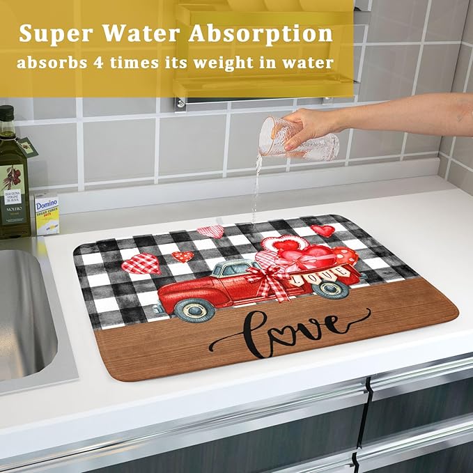 Valentine's Day Red Heart Truck Dish Drying Mat for Kitchen Counter,Black White Buffalo Plaid Love Drying Mat 18 x 24 Inch with Absorbent Reversible Microfiber Dish Drying Pad for Coffee Bar