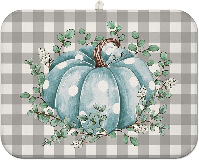 Fall Dish Drying Mat for Kitchen Counter,Buffalo Plaid Blue Pumpkin Pattern Microfiber Drying Mat,Washable Absorbent Kitchen Countertop Harvest Thanksgiving Dish Mat Drain Mat,18x24 Inch
