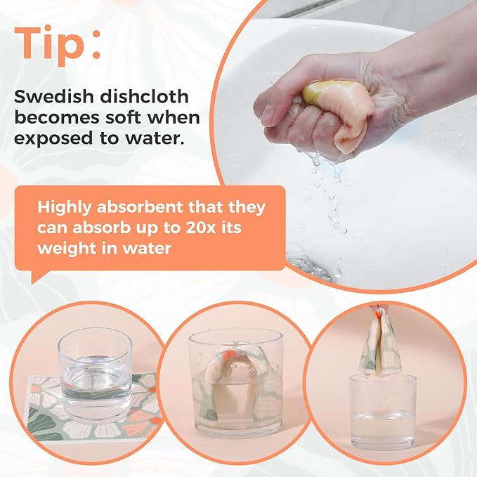 6 Pack Swedish Dishcloths for Kitchen,Abstract Floral Swedish Rags Dish Towels with Clips, Reusable Paper Towels Washable Absorbent Cellulose Sponge Cloths No Odor for Cleaning Home Sink Kitchen