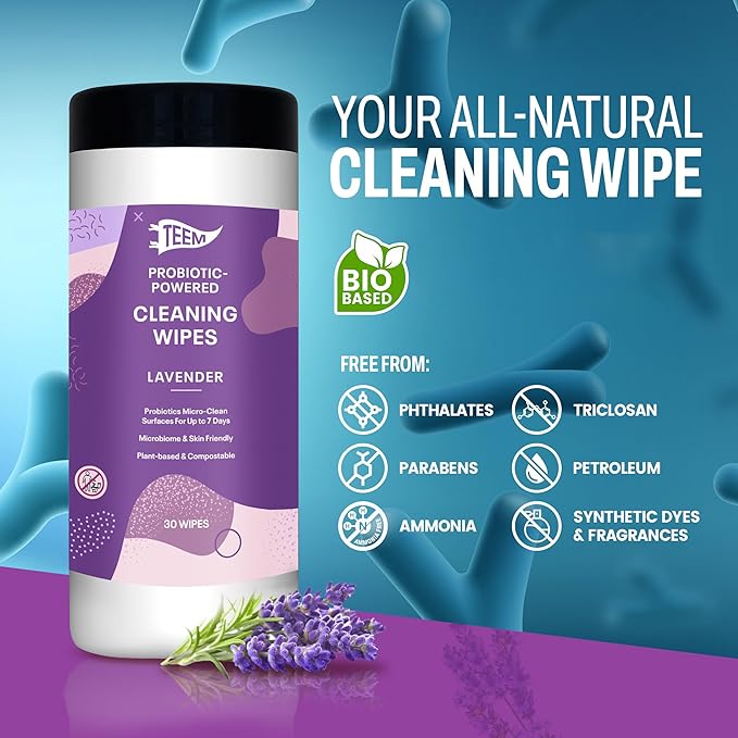 TEEM Probiotic Cleaning Wipes with Lavender Essential Oil, Microcleans Surfaces for up to 7 Days, Home Compostable & Biodegradable, Multi Surface Wipes by SCD Probiotics, 30 Count (Pack of 6)