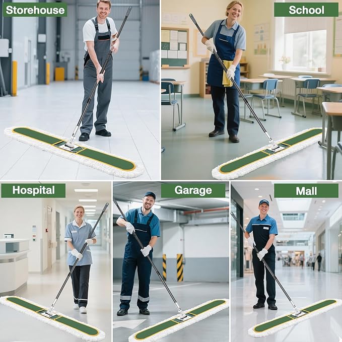 48" Commercial Industrial Dust Mop, CLDREAM Heavy Duty Floor Sweeper for Floor Cleaning with Replacement Mops Pads, Large Wet Dry Mop for Office Garage Hardwood Warehouse Factory Mall