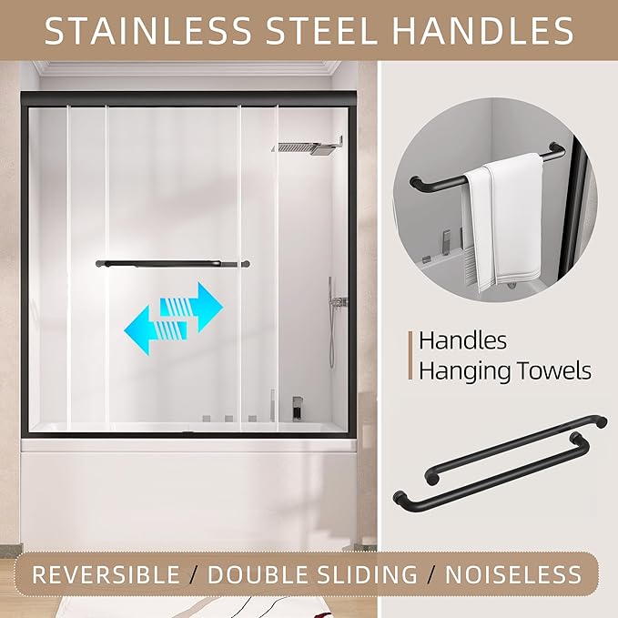 GETPRO Shower Door for Tub 56-60 in. W x 62 in. H Semi-Frameless Tub Door for Shower, Double Sliding Bypass Bath Tub Shower Glass Doors with 5/16 inch Tempered Glass Matte Black