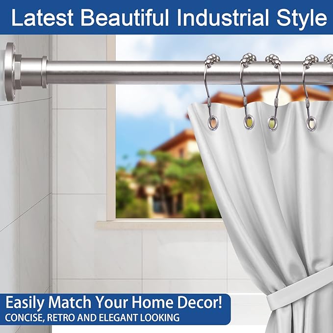 BRIOFOX Industrial Shower Curtain Rod - 2-in-1 Design Tension Curtain Rod - Rustproof Non-Slip 27 to 43 Inch 304 Stainless Steel, Brushed Nickel Window Curtain Rod