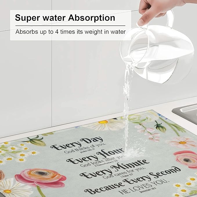 Vintage Country Watercolor Wildflowers Dish Drying Mat for Kitchen Counter, 18"x24" Microfiber Absorbent Fast Dry Mat, 2Pcs Dish Mat Faucet Mats Sets, Large Drying Kitchen Mat Kitchen Drying Pad