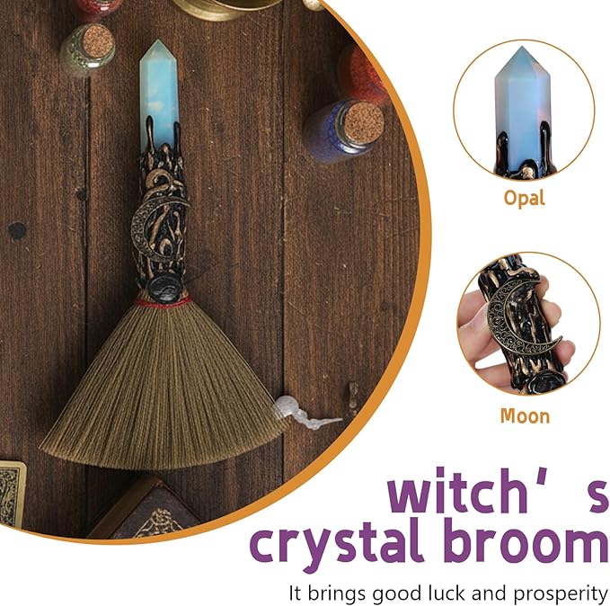 Crystal Witch Altar Broom - Witchcraft Supplies with Opal Wiccan Stuff Moon Magic Broomstick with Natural Healing Crystals Hexagonal Points Pagan Fengshui Reiki Energy Clearing Gift