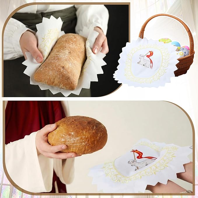 Polish Traditional Easter Embroidered Basket Cover Table Decoration Easter Religious Gift 13" Round Embroidered Cloth with Lamb Carrying Cross Flag for Meal Blessed Catholic Church Altar