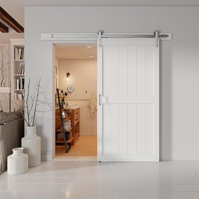 40''x84'' Sliding Barn Door with 7 Ft Brushed Nickel Hardware Kit& Handle& Floor Guides,Pre-Drilled Holes Easy Assembly - Include Installation Manual, Water-Proof PVC Surface, H-Frame