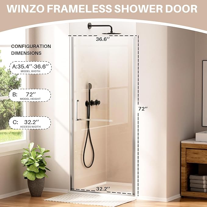 WinZo 35-36" W ×72" H Frameless Pivot Shower Door, Pivot Swing Shower Glass Doors with 1/4"(6mm) SGCC Clear Tempered Glass,Explosion-Proof Film, Reversible Installation, Brushed Nickel
