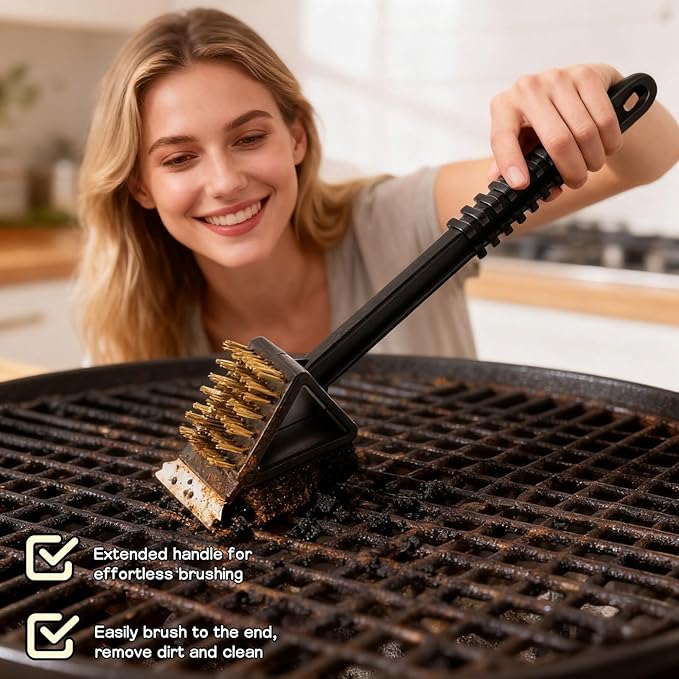 3-in-1 Grill Brush with Scraper & Scrub Pad, 14.5" Long Handle Brass Brush for BBQ Grill Cleaning, Heavy Duty Copper Bristles, Rust-Proof, Hanging Hook, Safe for Gas/Charcoal Grills