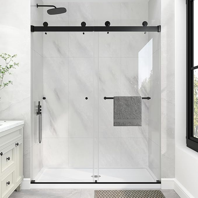 KPUY Frameless Shower Door, 43-48" W x 76" H Double Sliding Glass Shower Door, 1/4" (6mm) Thick Tempered Clear Glass with Explosion-Proof Film Nano Coating, Matte Black