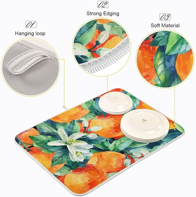 Tarity Watercolor Orange Dish Drying Mat for Kitchen Counter Absorbent Heat Resistant Microfiber Dishes Drainer Mat 18x24 in Large Dish Pad Sink Mat Protective Pad Kitchen Decor