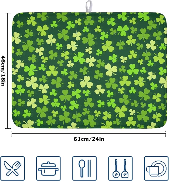 St. Patrick's Day Dish Drying Mat for Kitchen Counter,Irish Green Shamrocks Clover Leaves Drying Mat 18 x 24 Inch with Absorbent Reversible Microfiber Dish Drying Pad for Coffee Bar