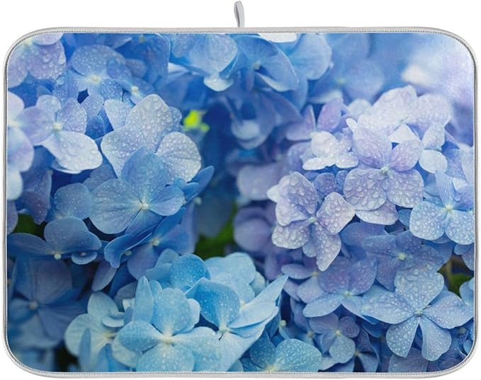 Tarity Blue Hydrangeas Dish Drying Mat for Kitchen Counter Absorbent Heat Resistant Microfiber Dishes Drainer Mat 18x24 in Large Dish Pad Sink Mat Protective Pad Kitchen Decor