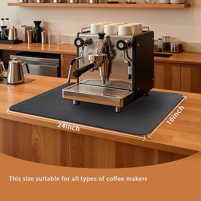 Coffee Counter Mat 24x16 Inch, Black Coffee Bar Mat, Absorbent Hide Stain Rubber Backed Dish Drying Mat for Kitchen Counter, Mats for Countertops, Under Coffee Bar Maker Machine Pot Espresso Machine