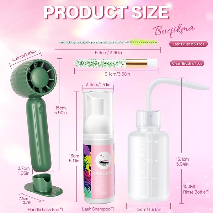 Buqikma Lash Shampoo Kit - Eyelash Extension Cleanser for Extensions 60ML with Rechargeable Handheld Lash Fan Dryer Mascara Brush Rinse Bottle Makeup Cleansing Foam for Lash Care