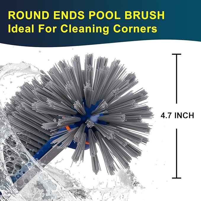 POOLAZA 360 Degree Pool Brush - Heavy Duty 17.5" Pool Brush Head for inground Pools/Above Ground Pools, Spa, Hot Tub, Premium Bristle & Aluminum Handle for Standard Pool Pole