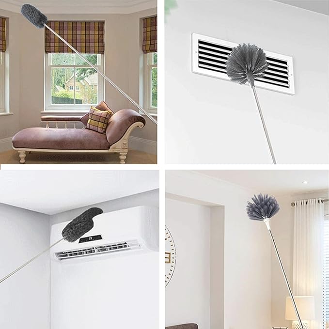 Cobweb Duster with Extension Pole, Ceiling Cobweb Cleaner Kit with 2 Duster Heads, 15-100 Inch Telescopic Microfiber Cleaning Duster, Corner Dusting Tool for High Walls, Fans, Blinds Gray