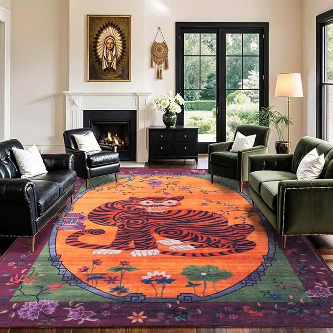Vintage Tiger Rug Washable 10x8 ft Oriental Traditional Animal Print Purple-Green Floral Tibetan Rugs for Bedroom Kitchen Living Room Indoor Entryway Carpet Thin Rug
