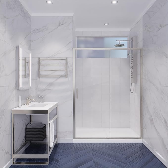 ANZZI 72 x 48 inch Framed Shower Door in Brushed Nickel | Halberd Water Repellent Glass Shower Door with Seal Strip Parts | Easy Glide Rollers Sliding Shower Door | SD-AZ052-01BN