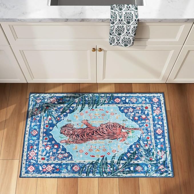 2x3 FT Leopard Rug for Living Room Vintage Animal Rug Aesthetic Rugs for Girls Room Nursery Bedroom Home Office Dorm Thin Bright Blue Carpet (Blue, 2X3 FT)