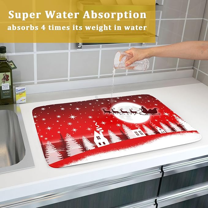 Christmas Reindeer Moon Star Red Dish Drying Mat for Kitchen Counter,White Xmas Tree Castle Drying Mat 18 x 24 Inch with Absorbent Reversible Microfiber Dish Drying Pad for Coffee Bar