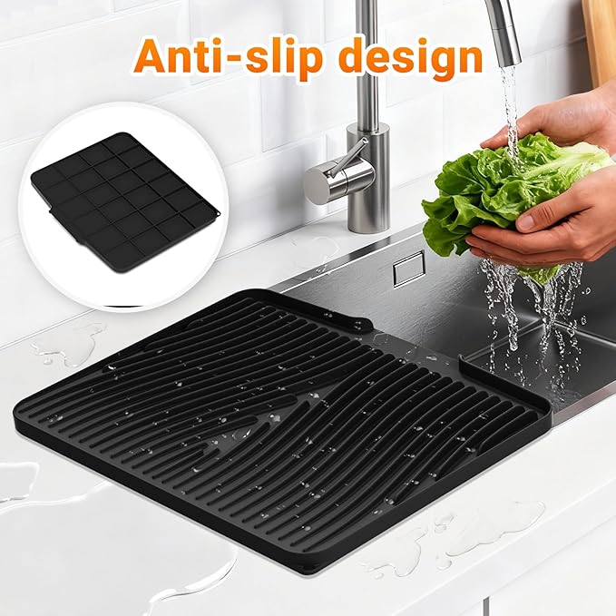 Silicone Dish Drying Mat for Kitchen Counter, Dish Drying Pad, Non-Slip Drain Pad with Built-in Drain, Heat Resistant Stone Drying Mat,Black-2pcs