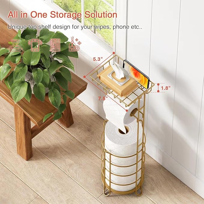 Gold Free Standing Toilet Paper Holder Stand with Phone Shelf, Floor Bathroom Tissue Holder for Large Mega Rolls, Metal Freestanding Toilet Paper Roll Holder with Wipes Storage Tray