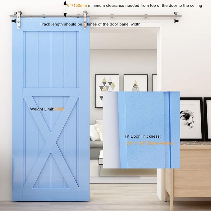 CCJH 12FT Stainless Sliding Barn Door Hardware Kit Heavy Duty for Single Wooden Door (Flat Shape Hanger)
