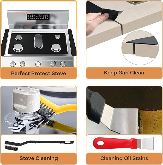 Guards for Gas Stove Top Protector Covers 0.3mm Cuttable,Heat Resistance Burner Covers Stove Mat Protector with 2 Stove Gap Fillers&Cleaning Brushes&Scraper Reusable Durable Washable
