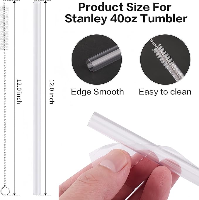 Joshey 12 Inch Tritan Replacement Straws for Stanley 40oz Tumbler - 6 Pack Reusable Long Straws with Cleaning Brush, Fits 30oz & 40oz Stanley Cup Accessories, BPA-Free (Clear)