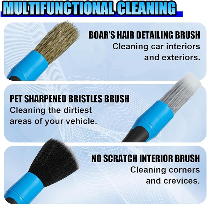 3PCS Car Detailing Brush Set, Soft Boars Hair No-Scratch Automotive Cleaning Brushes, Car Interior & Exterior Dusting Brush Auto Detailing Supplies for Air Vent, Leather Seat, Wheel (Blue)