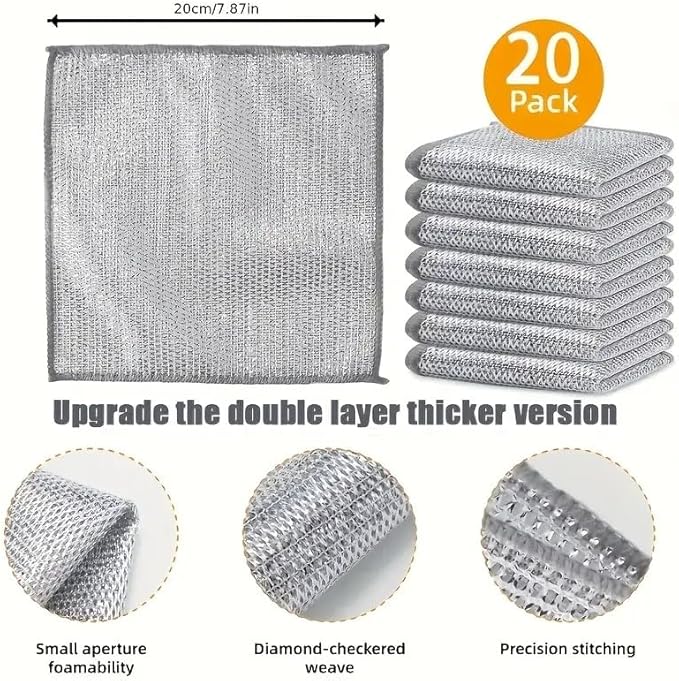 Reusable Non Scratch Wire Dishcloth, 20PCs Steel Wire Cloths, Double-Layer Stainless Rag, Kitchen Cleaning Cloths, Suitable for Sinks, Boilers, Ovens, and Tableware.