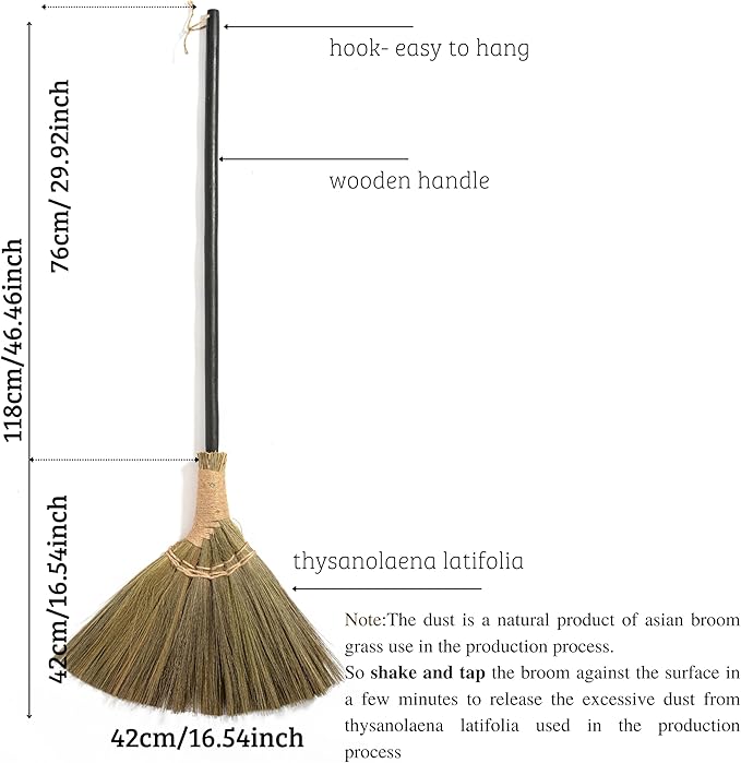 Vietnamese Broom 46.46inch Length - Brooms for Sweeping Indoor Outdoor - Black Long Wooden Handle Natural Soft Broom for Jumping, Weeding, Decoration