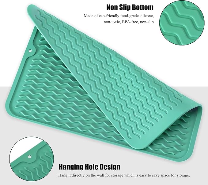 Large 14" x 11" Silicone Dish Drying Mat for Kitchen Counter, Easy clean, Quick Dry, Heat-resistant Dish Drainer Mat for Sink,Refrigerator or Drawer liner (Food Grade Silicone-Green)