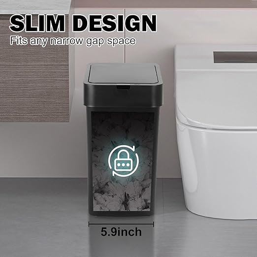 2 Pack Bathroom Trash Can with Lid - 2.5 Gal and 4 Gal Motion Sensor Garbage Bin, Smart Rubbish Bin, Waterproof Slim Dustbin, Automatic Plastic Trash Can for Bathroom, Office, Black