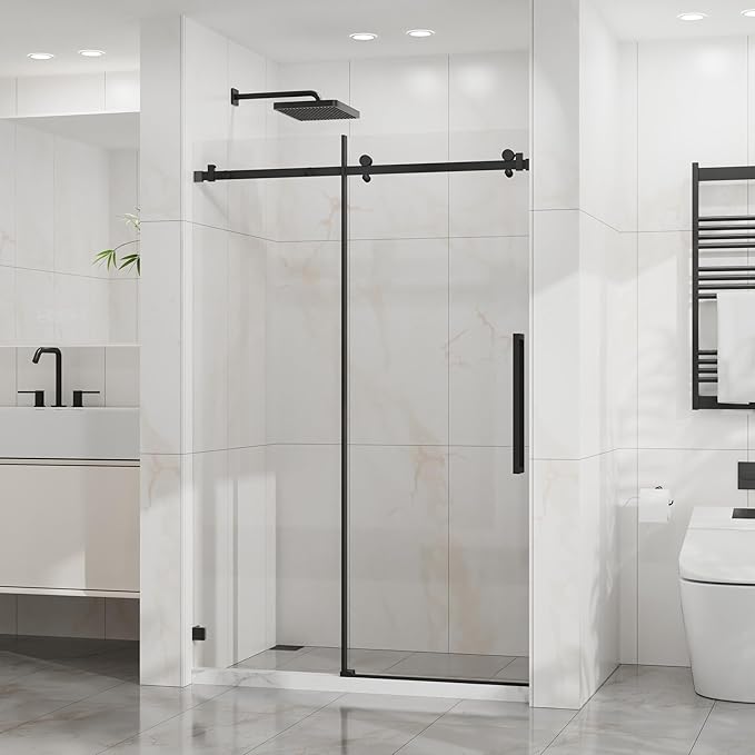 Frameless Shower Door 48" W x 72" H, 1/4" Clear Tempered Glass, Sliding Design, Reversible Installation, Matte Black Finish, Space-Saving Glass Shower Door for Small Bathrooms