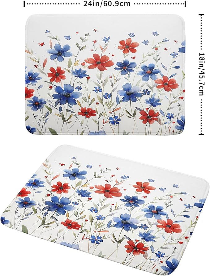 Khope 4th of July Dish Drying Mat for Kitchen Counter 18x24 Inch America Red Blue Floral Reusable Washable Memorial Day Flowers Drying Pad Countertop Home Decor