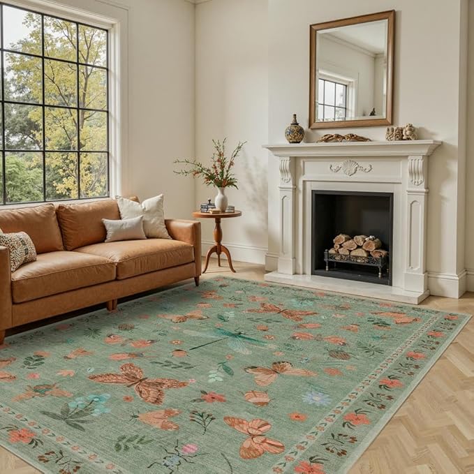 5x7 Washable Area Rugs for Bedroom & Living Room - Inscet Floral Boho Vintage Rug,Soft & Non-Slip,Low Pile Wool Carpet for Indoor Dining Room,Girls Room,Nursery Room and Kids Room(Green)