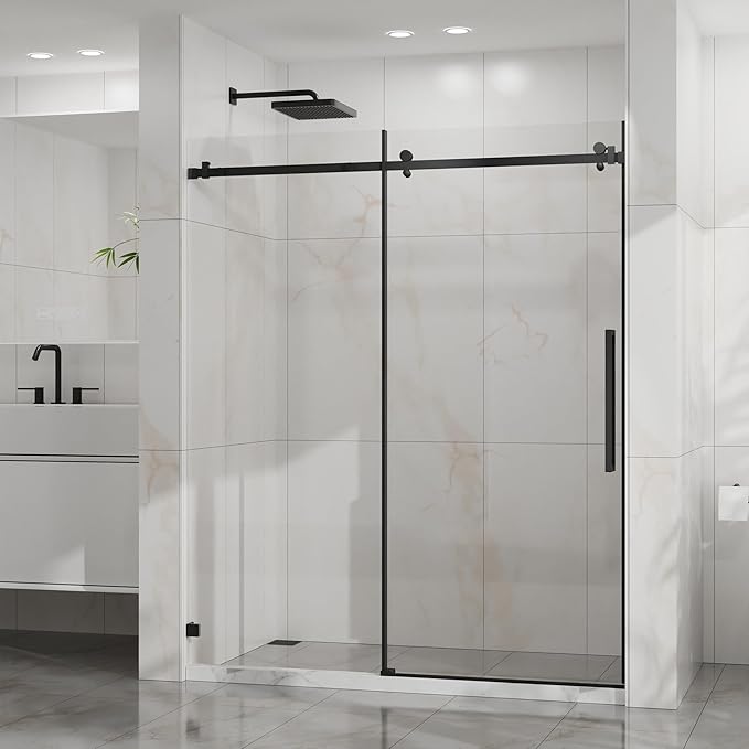 Frameless Shower Door 60" W x 72" H, 1/4" Clear Tempered Glass, Sliding Design, Reversible Installation, Matte Black Finish, Space-Saving Glass Shower Door for Small Bathrooms