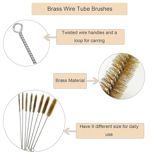 8Pcs Brass Wire Tube Cleaning Brush Set 12inch Long Handle Bristle Tube Brush Metal Pipe Cleaner Bore Brush for Auto Parts, Tubes, Bottle, Glass (6, 8, 10, 12, 14, 16, 20, 25mm)