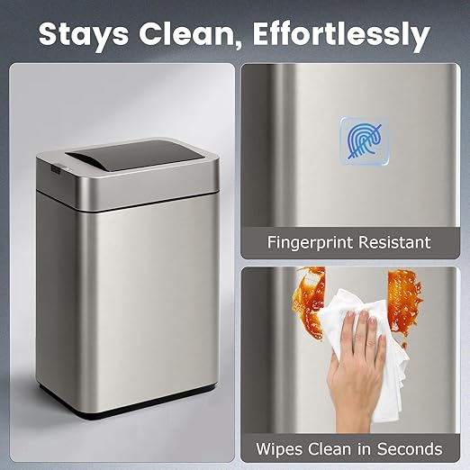 Sensor Trash Can with Butterfly Lid 2.6 Gallon Rectangular Automatic Garbage Can, Stainless Steel Trash Bin, Slim Waterproof Wastebaskets with Lid Soft Close for Under Counter, Silver
