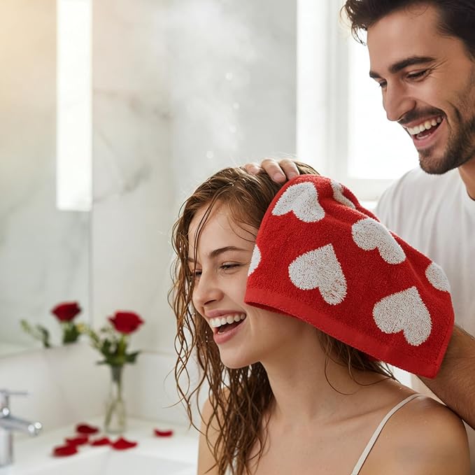 Frienda 4 Pcs Valentine's Day Hand Towels for Bathroom 13 x 29'' Soft 100% Cotton Red and White Hearts Decorative Towel Absorbent Valentine's Day Bathroom Decor for Drying Cleaning Cooking Gift